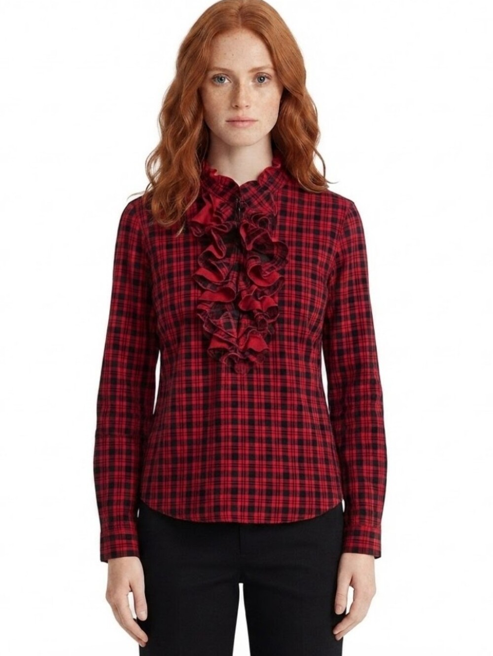 100% Cotton Ralph Lauren Frill Shirt Size Large Plaid Red Black Office Secretary